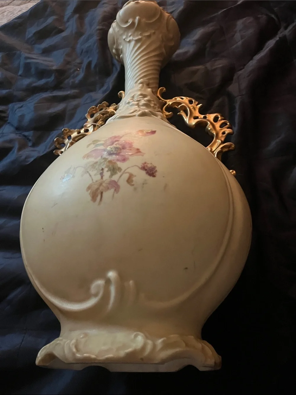 Cream Porcelain Floral Accent Vase with Gold Handles 20 1/2 inch